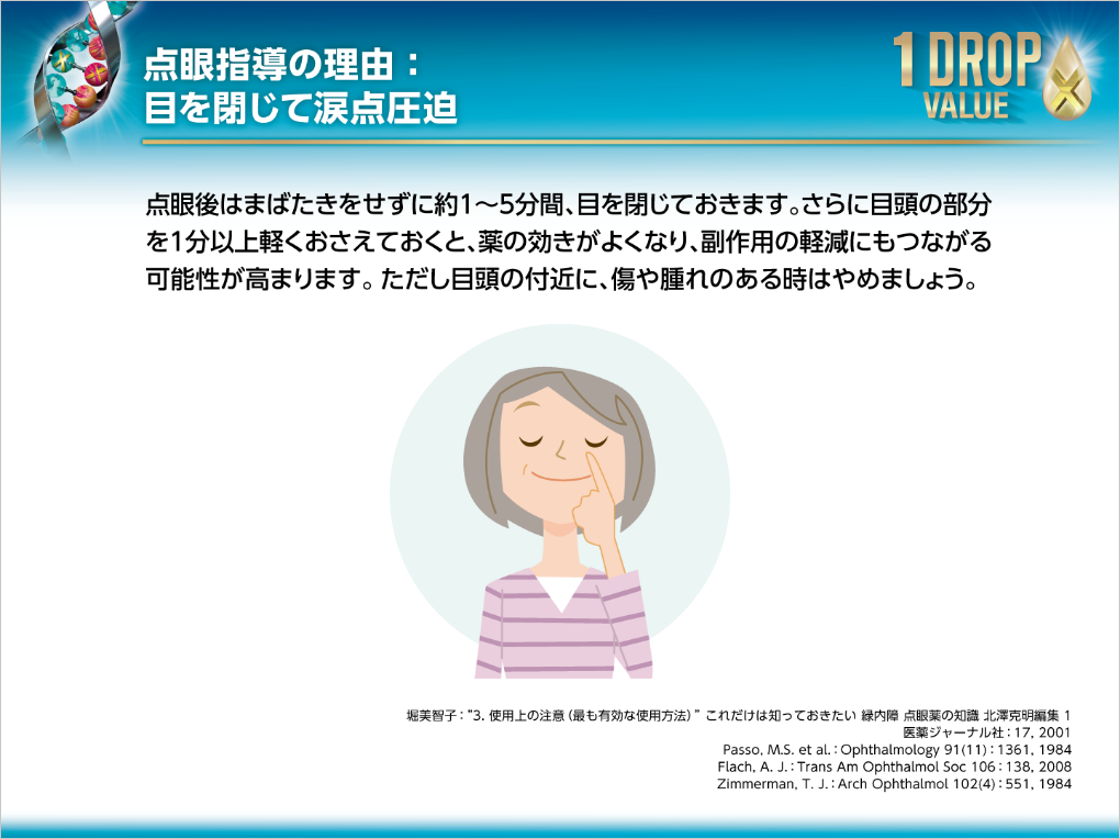 点眼指導の理由：目を閉じて涙点圧迫
